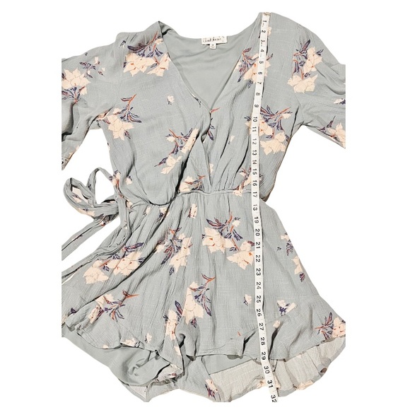 Cloud Chaser Gray Teal Floral V-neck Romper Crochet Detail with Tie Waist - Picture 9 of 9